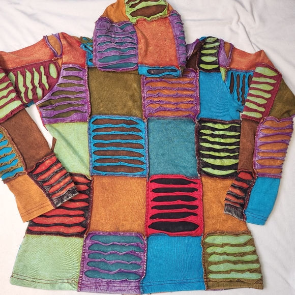 Colorful Patchwork Hooded Jacket Size Medium Made In Nepal Distressed Pockets - Picture 6 of 11